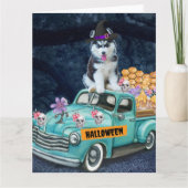 Siberische Husky Hond Halloween Truck Schrik Nacht Kaart (Voorkant)