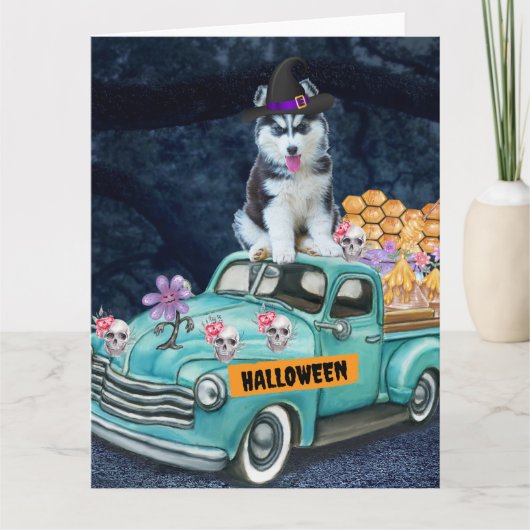 Siberische Husky Hond Halloween Truck Schrik Nacht Kaart (Voorkant)