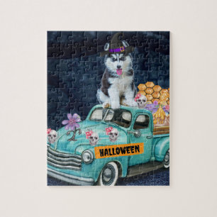 Siberische Husky Hond Halloween Vrachtwagen Schrik Legpuzzel