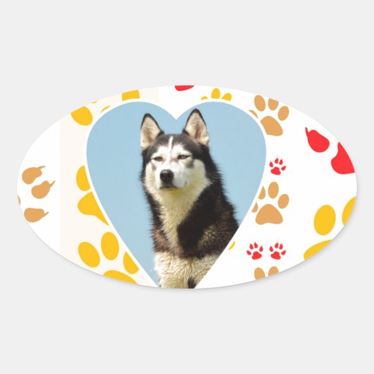 Siberische Husky Hond Hart Paws Print Ovale Sticker (Voorkant)
