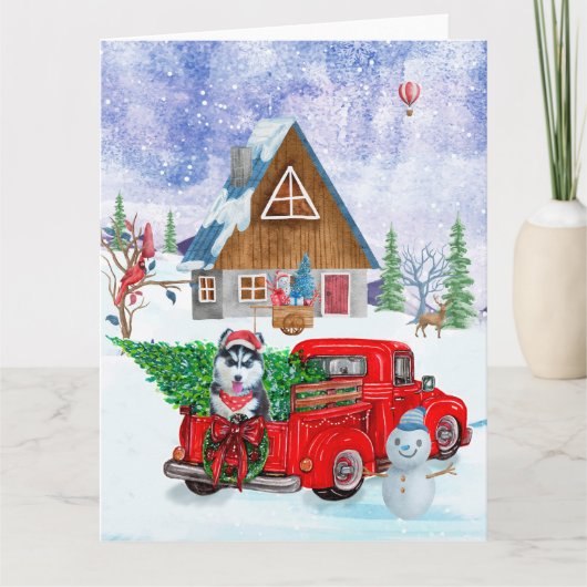 Siberische Husky-hond in kerstbezorgingswagen Kaart (Voorkant)