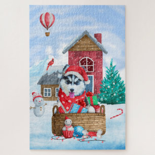 Siberische Husky-hond in sneeuw Kerstmis Hondenhok Legpuzzel