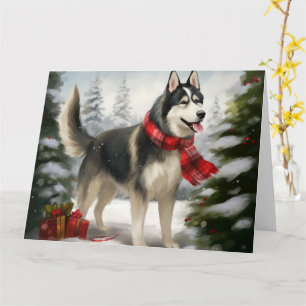 Siberische Husky-hond in Sneeuw Kerstmis Kaart