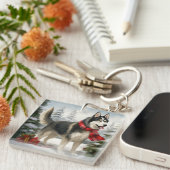 Siberische Husky-hond in Sneeuw Kerstmis Sleutelhanger (Voorkant Rechts)