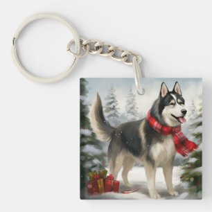 Siberische Husky-hond in Sneeuw Kerstmis Sleutelhanger