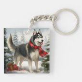 Siberische Husky-hond in Sneeuw Kerstmis Sleutelhanger (Achterkant)