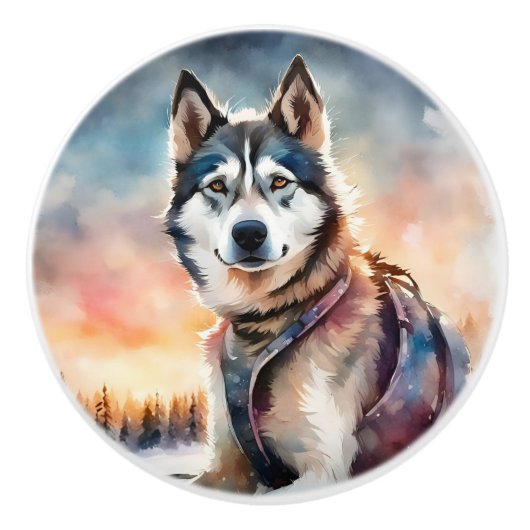 Siberische Husky Hond Keramische Trek Knop (Voorkant)