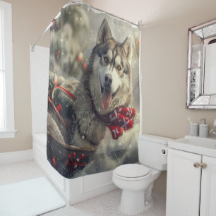Siberische Husky Hond Kerst Feestelijk Douchegordijn