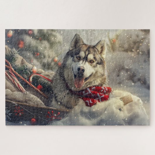 Siberische Husky Hond Kerst Feestelijk Legpuzzel (Horizontaal)