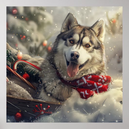 Siberische Husky Hond Kerst Feestelijk Poster (Voorkant)