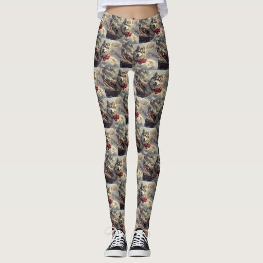 Siberische Husky Hond Kerst Festief Leggings (Voorkant)