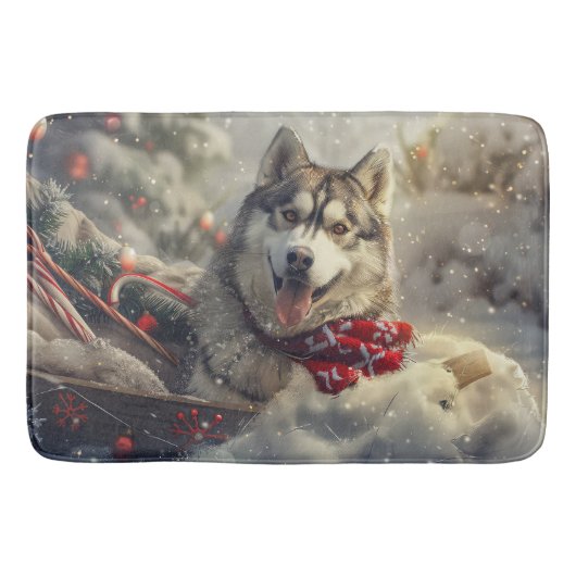 Siberische Husky Hond Kerstfeest Badmat (Voorkant)