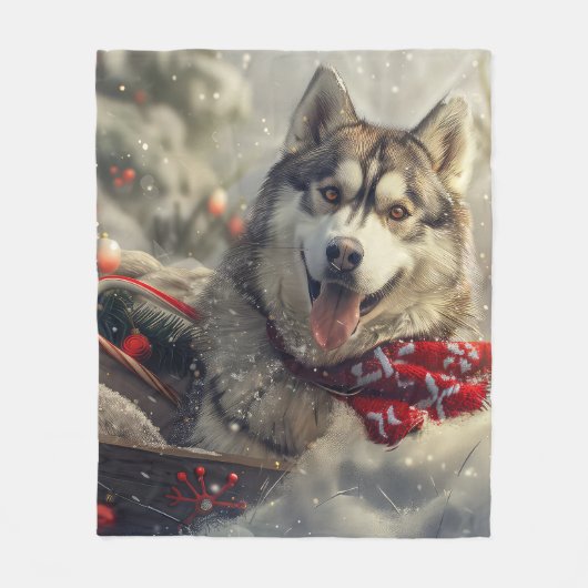 Siberische Husky Hond Kerstfeest Fleece Deken (Voorkant)