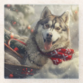 Siberische Husky Hond Kerstfeest Glazen Onderzetter (Voorkant)