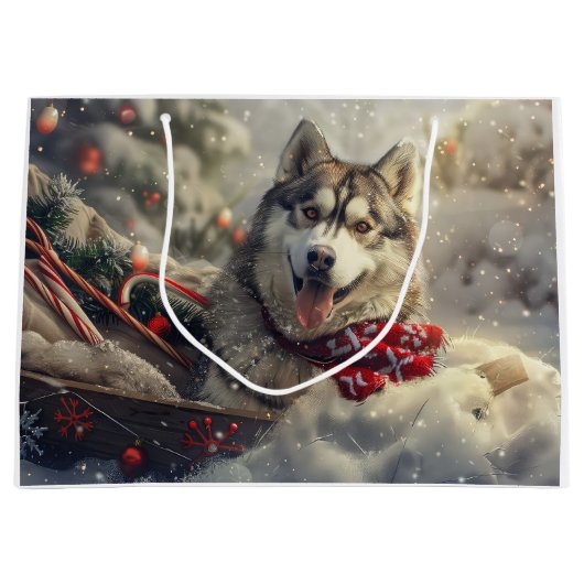 Siberische Husky Hond Kerstfeest Groot Cadeauzakje (Voorkant)
