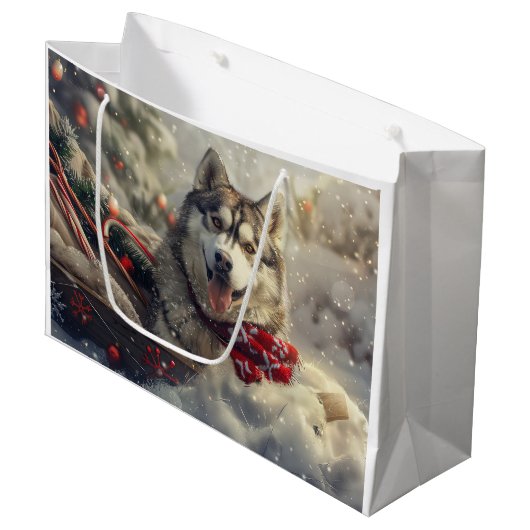 Siberische Husky Hond Kerstfeest Groot Cadeauzakje (Voorkant Gekanteld)