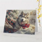 Siberische Husky Hond Kerstfeest Kaart (Gele Bloem)