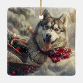 Siberische Husky Hond Kerstfeest Keramisch Ornament (Achterkant)