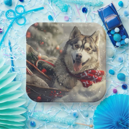 Siberische Husky Hond Kerstfeest Papieren Bordje (Feest)