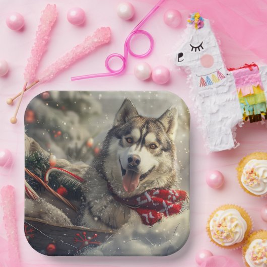 Siberische Husky Hond Kerstfeest Papieren Bordje (Feest)