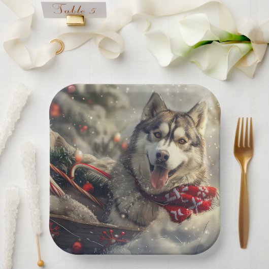 Siberische Husky Hond Kerstfeest Papieren Bordje (Huwelijk)