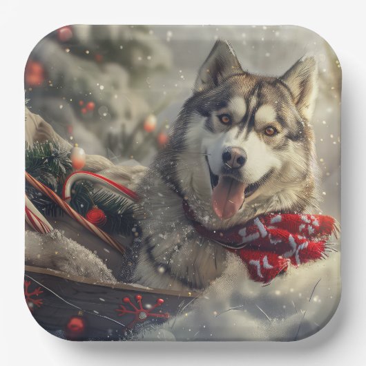 Siberische Husky Hond Kerstfeest Papieren Bordje (Voorkant)