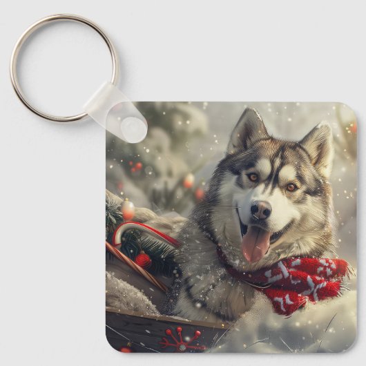 Siberische Husky Hond Kerstfeest Sleutelhanger (Voorkant)