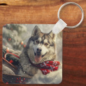 Siberische Husky Hond Kerstfeest Sleutelhanger (Achterkant)