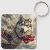 Siberische Husky Hond Kerstfeest Sleutelhanger (Achterkant)