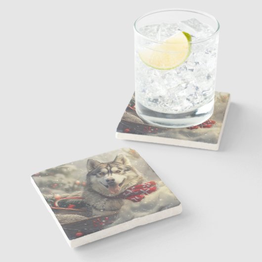 Siberische Husky Hond Kerstfeest Stenen Onderzetter (Zijkant)
