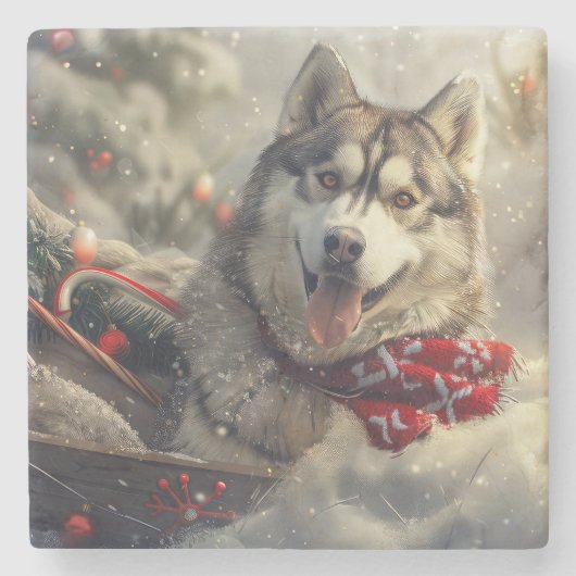 Siberische Husky Hond Kerstfeest Stenen Onderzetter (Voorkant)