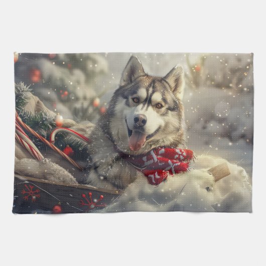 Siberische Husky Hond Kerstfeest Theedoek (Horizontaal)