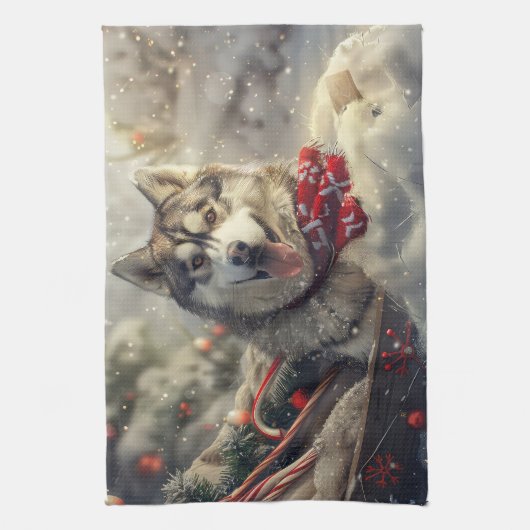 Siberische Husky Hond Kerstfeest Theedoek (Verticaal)