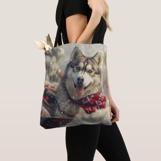 Siberische Husky Hond Kerstfeest Tote Bag (Dichtbij)