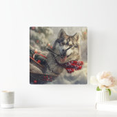 Siberische Husky Hond Kerstfeest Vierkante Klok (Huis)