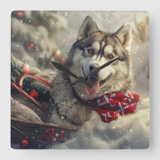 Siberische Husky Hond Kerstfeest Vierkante Klok (Voorkant)