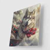 Siberische Husky Hond Kerstfeest Vierkante Klok (Hoek)