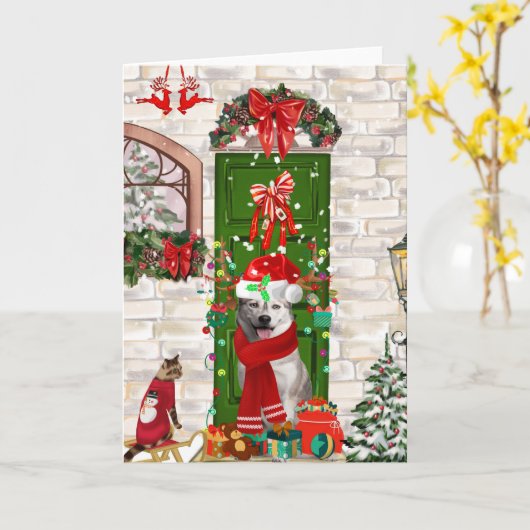 Siberische Husky Hond Kerstm Groetkaart Kaart (Gele Bloem)