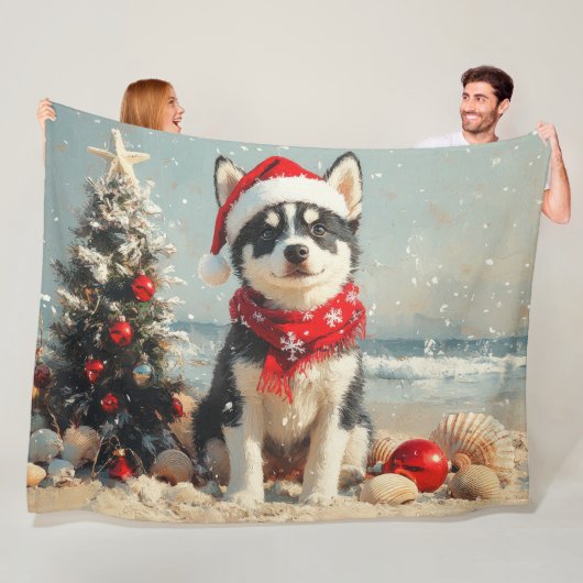 Siberische Husky Hond Kerstmis Vintage Strand Fleece Deken (In situ)