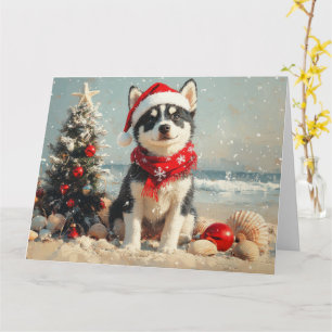 Siberische Husky Hond Kerstmis Vintage Strand Kaart