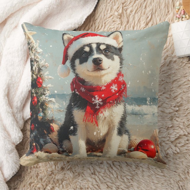 Siberische Husky Hond Kerstmis Vintage Strand Kussen (Deken)