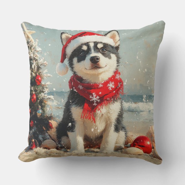 Siberische Husky Hond Kerstmis Vintage Strand Kussen (Voorkant)