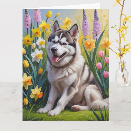 Siberische Husky Hond Lente Bloemen Schilderij Kaart (Gele Bloem)