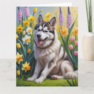 Siberische Husky-hond lente bloemen schilderij Kaart