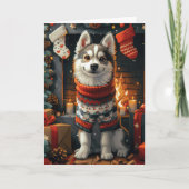 Siberische Husky-hond met kerstcadeaus bij de open Kaart (Voorkant)