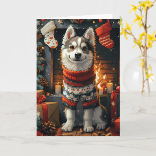 Siberische Husky hond met kerstcadeaus open haard Kaart