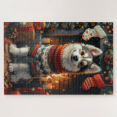 Siberische Husky hond met kerstcadeaus open haard Legpuzzel (Horizontaal)