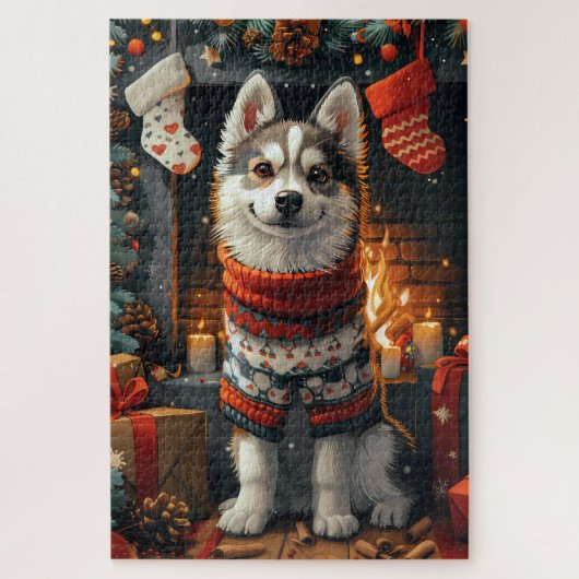Siberische Husky hond met kerstcadeaus open haard Legpuzzel (Verticaal)