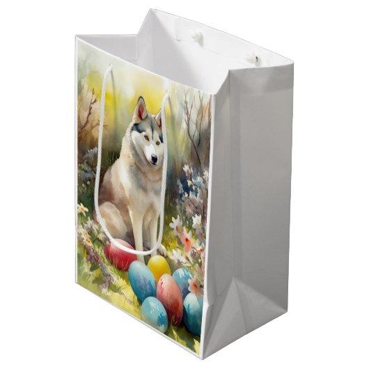Siberische Husky Hond met Paaseieren Vakantie Medium Cadeauzakje (Voorkant Gekanteld)
