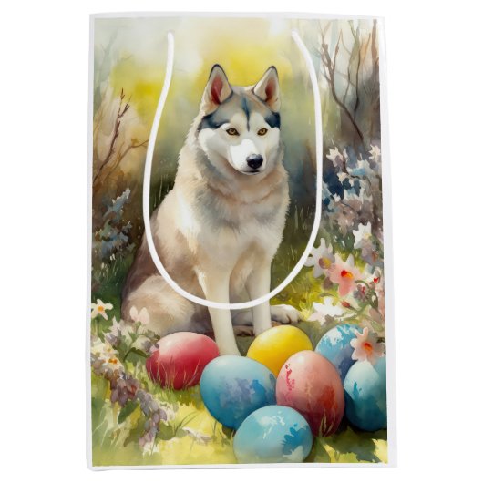 Siberische Husky Hond met Paaseieren Vakantie Medium Cadeauzakje (Voorkant)